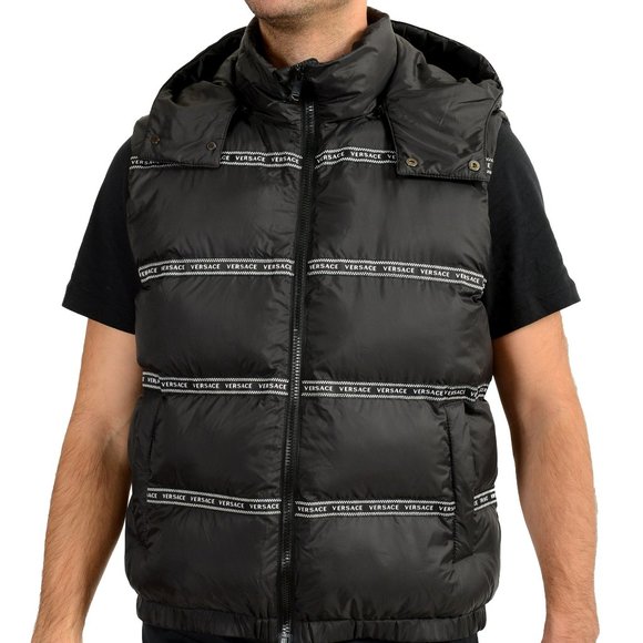 Versace Men's Black Logo Print Full Zip Sleeveless Parka Hooded Vest US M IT 50